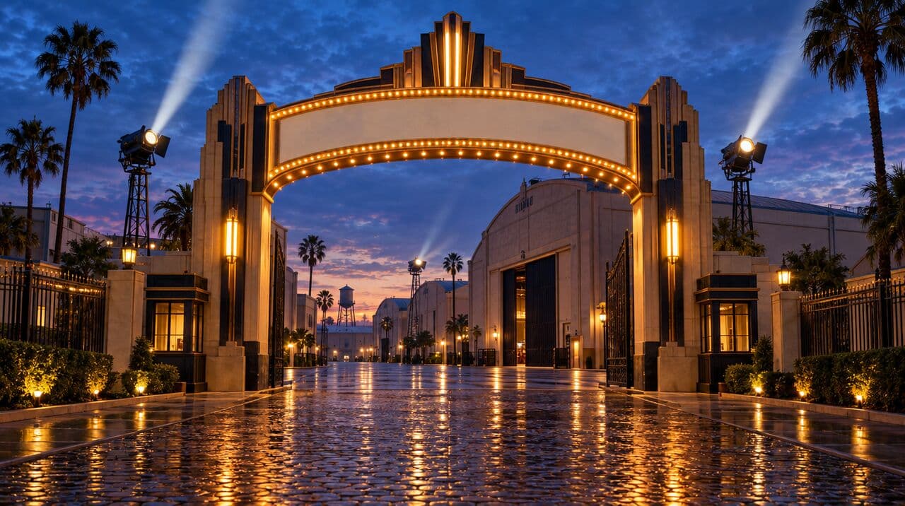 The illuminated studio gate at dusk