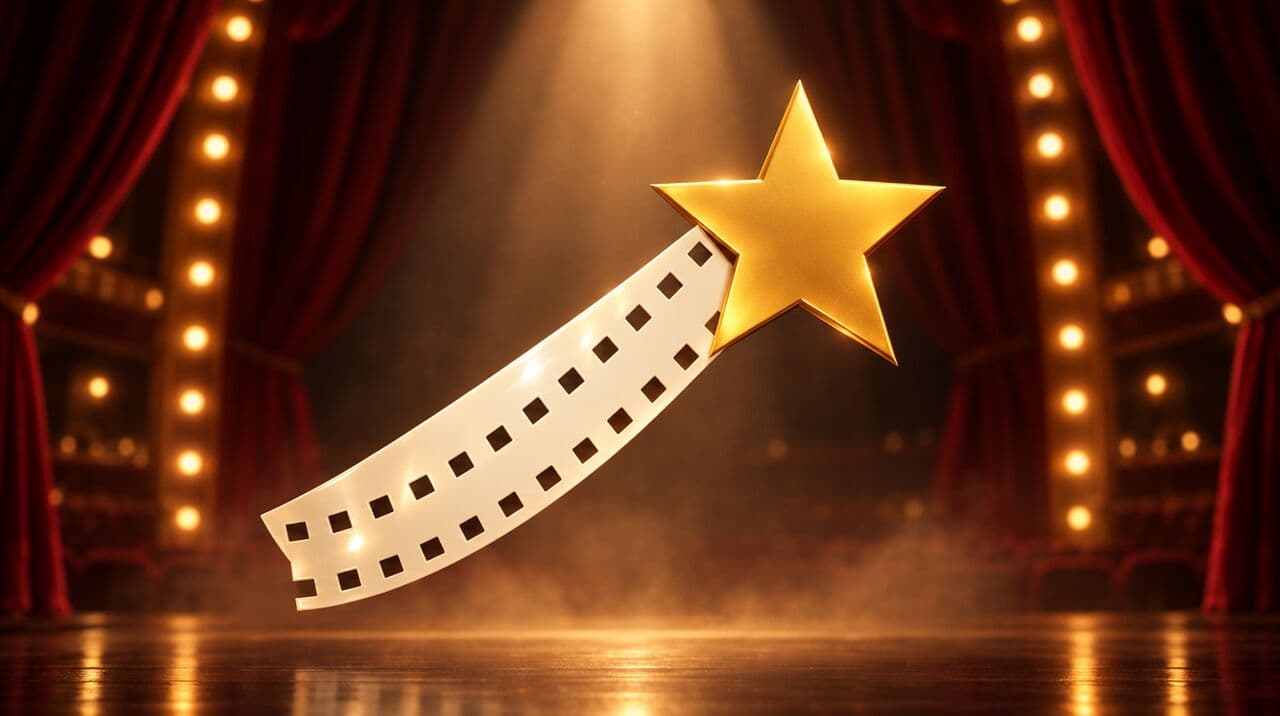 The golden moviefriends film star floats in the spotlight in front of a red stage curtain