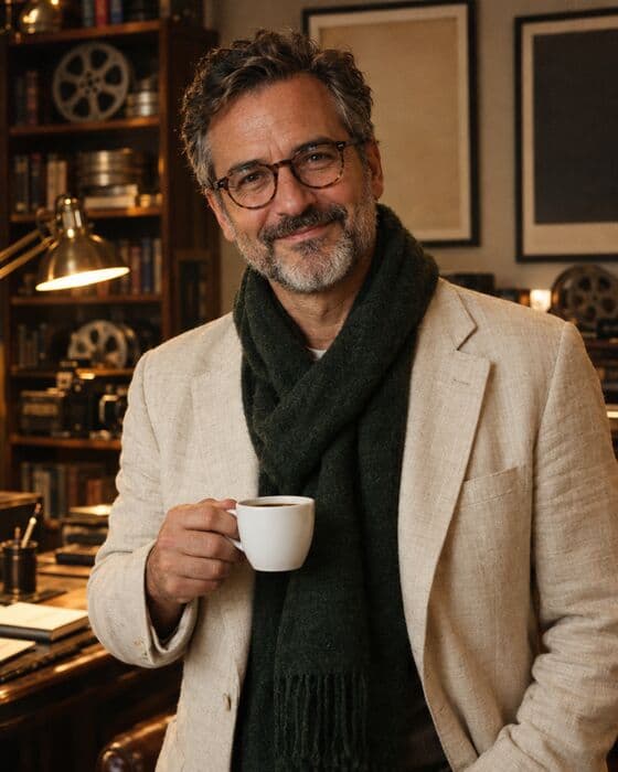 Leo, the AI producer, with a cup of coffee in his office