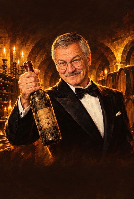 Film poster: Werner in a tuxedo with an old bottle of wine by candlelight