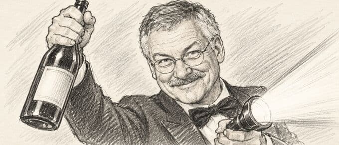 Storyboard sketch: Werner triumphantly holds up a bottle of wine