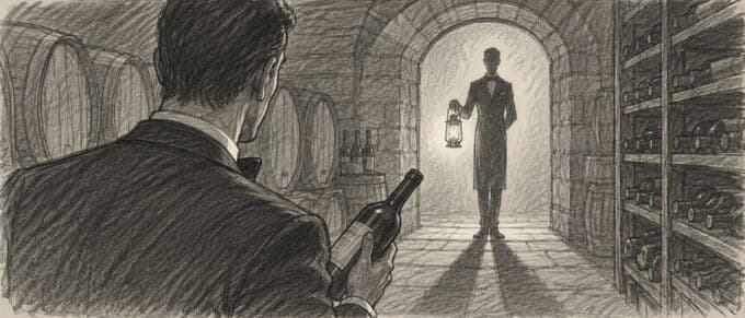 Storyboard sketch: over Werner’s shoulder, the sommelier in the doorway