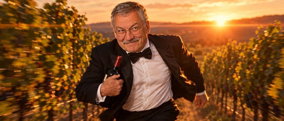 Werner runs through the vineyards in a tuxedo