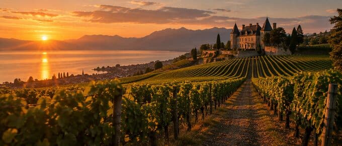 Scene from chapter 4: vineyards on Lake Geneva at sunset